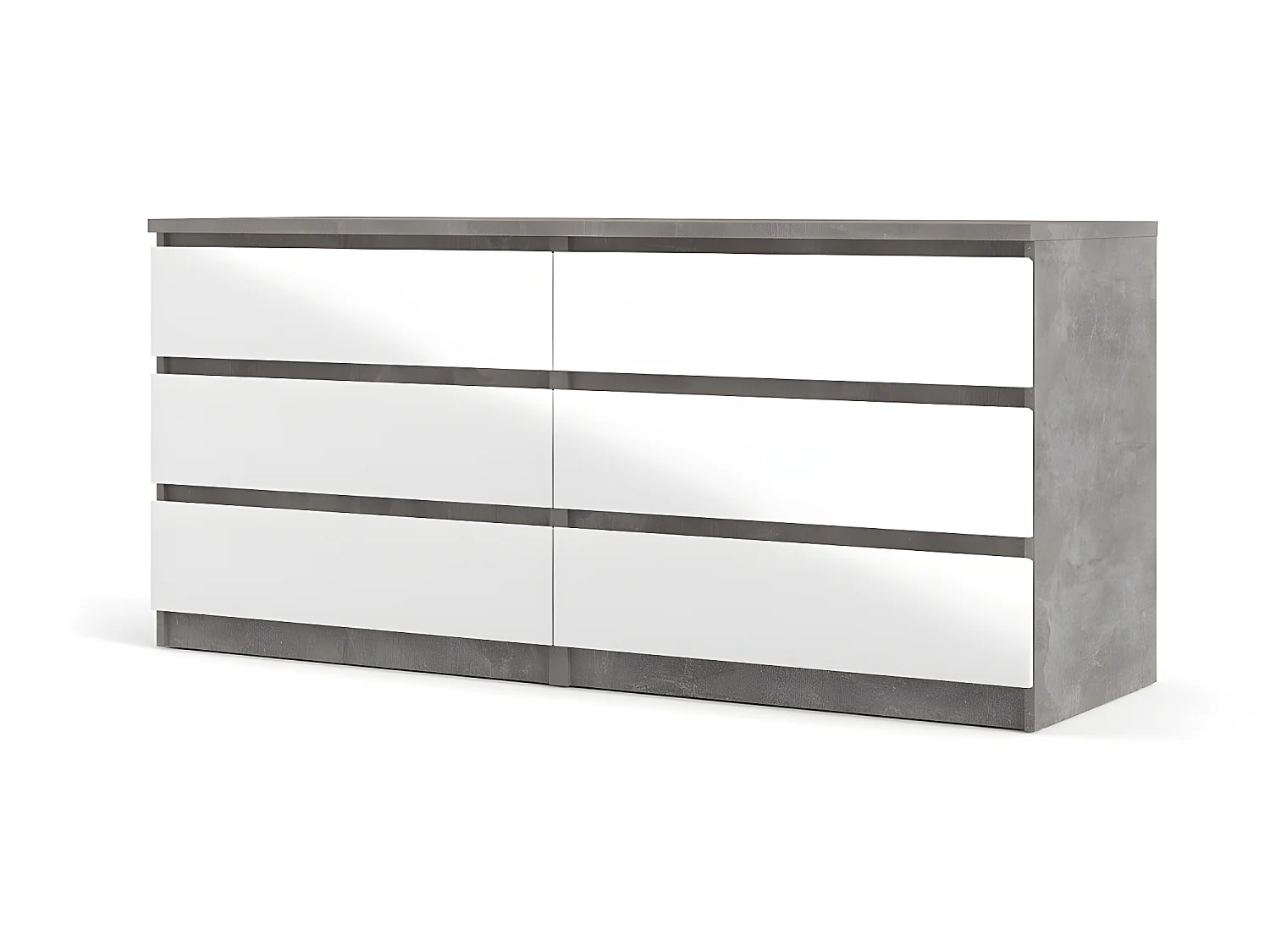Nada Commode large à 6 tiroirs, aspect béton, blanc brillant.