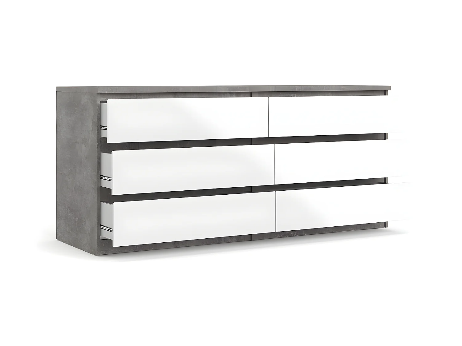 Nada Commode large à 6 tiroirs, aspect béton, blanc brillant.