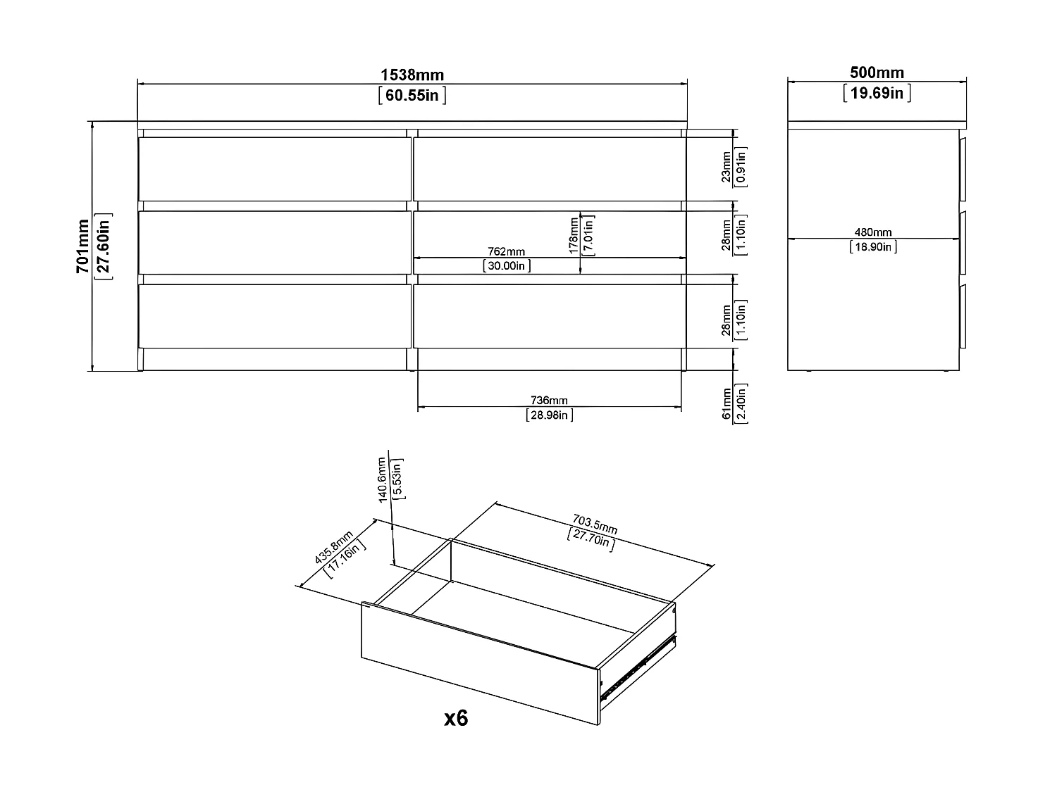 Nada Commode large à 6 tiroirs, aspect béton, blanc brillant.