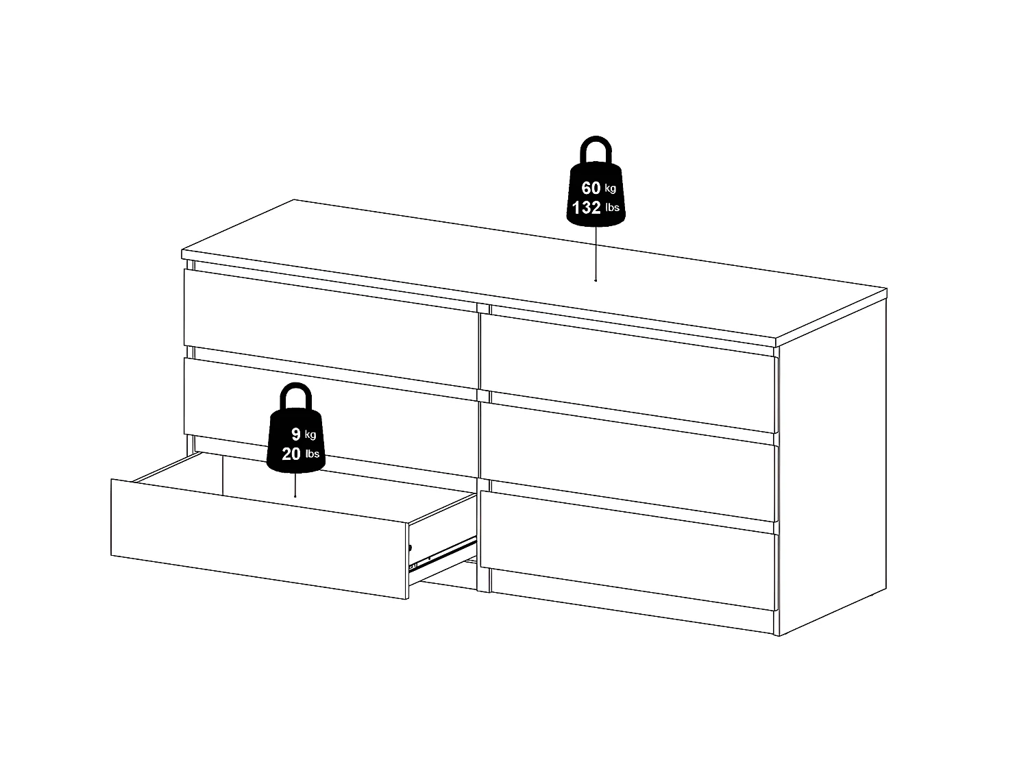 Nada Commode large à 6 tiroirs, aspect béton, blanc brillant.