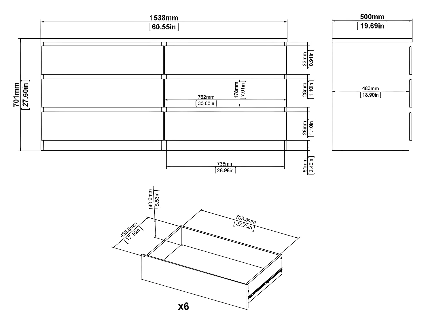 Nada Commode large à 6 tiroirs, aspect béton, blanc brillant.