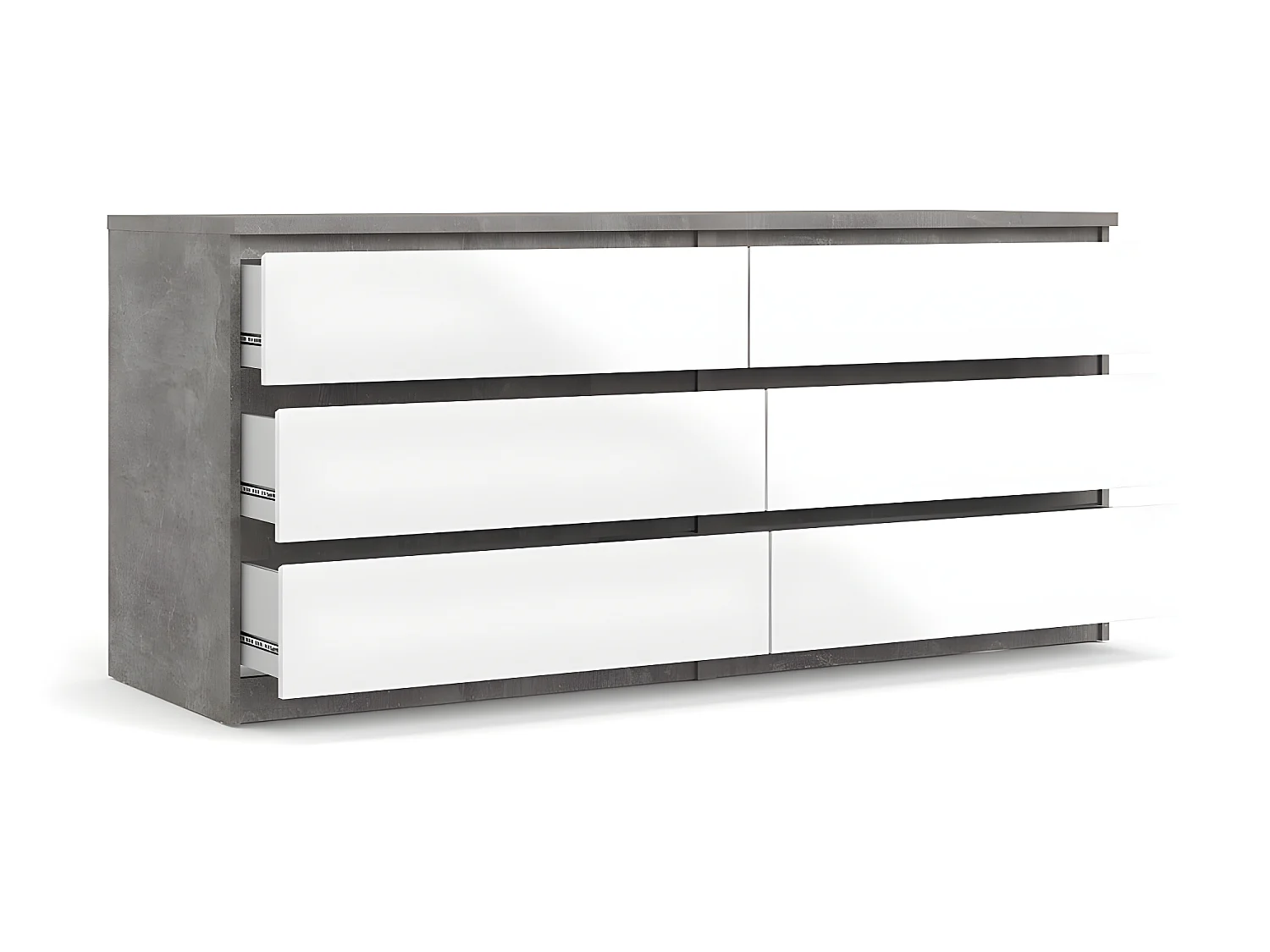 Nada Commode large à 6 tiroirs, aspect béton, blanc brillant.