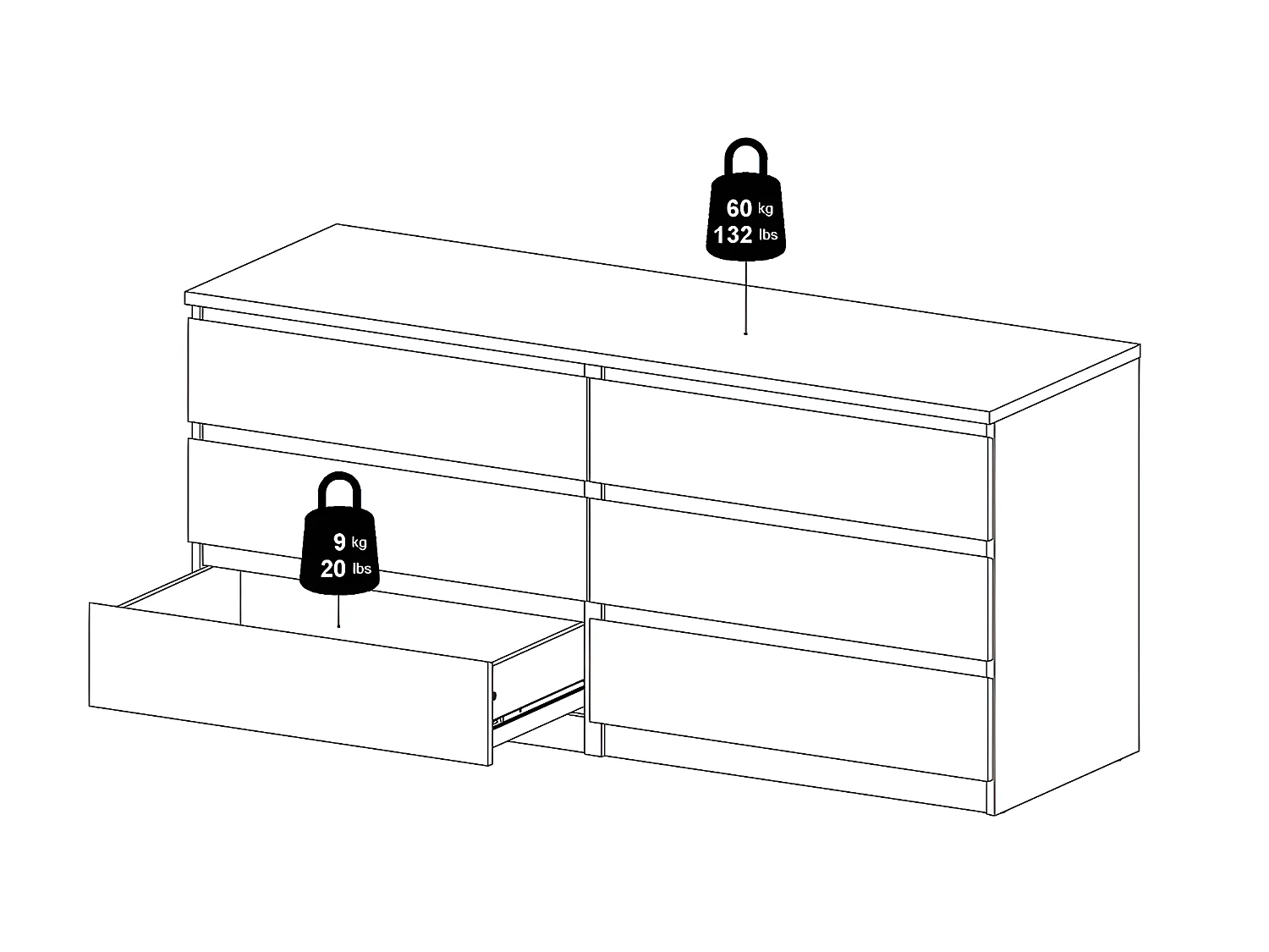 Nada Commode large à 6 tiroirs, aspect béton, blanc brillant.