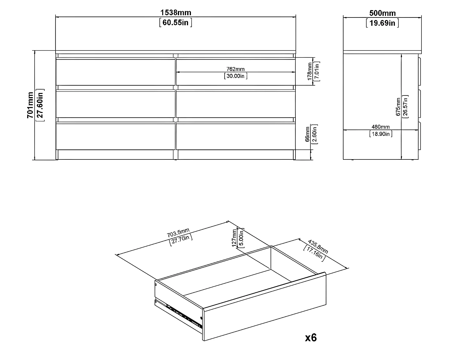 Nada Commode large avec 6 tiroirs, noir mat.