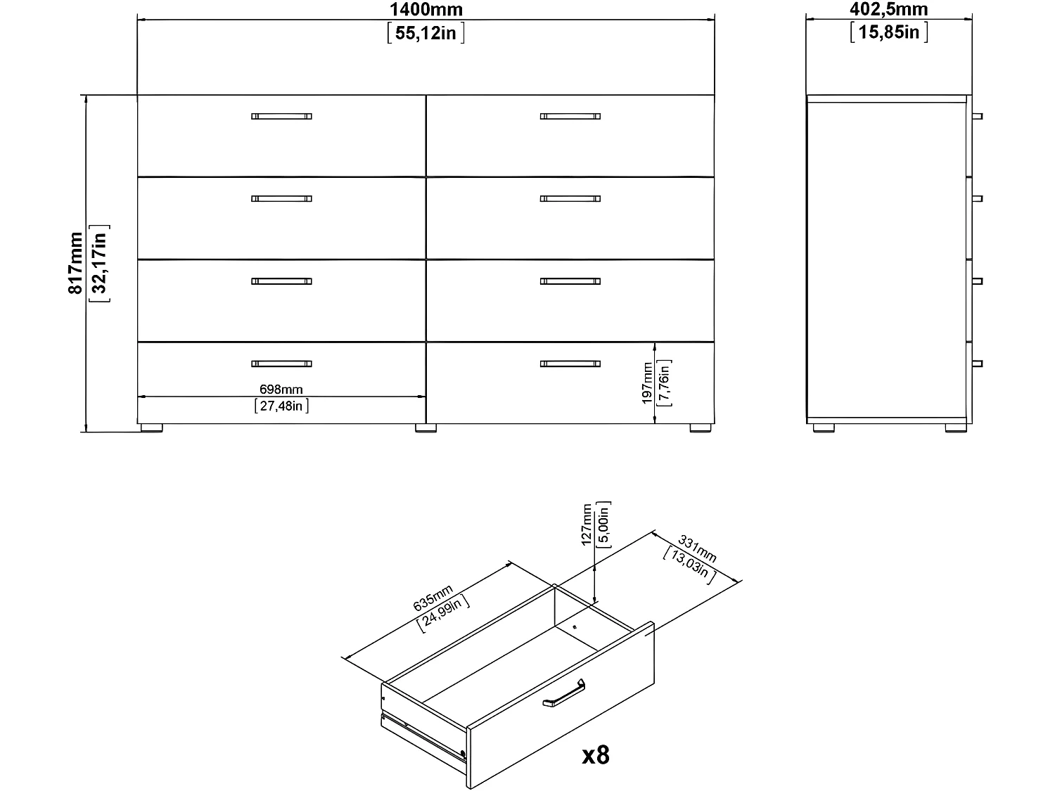 Dallas kommode 8 laden donker gebeitst eiken decor.