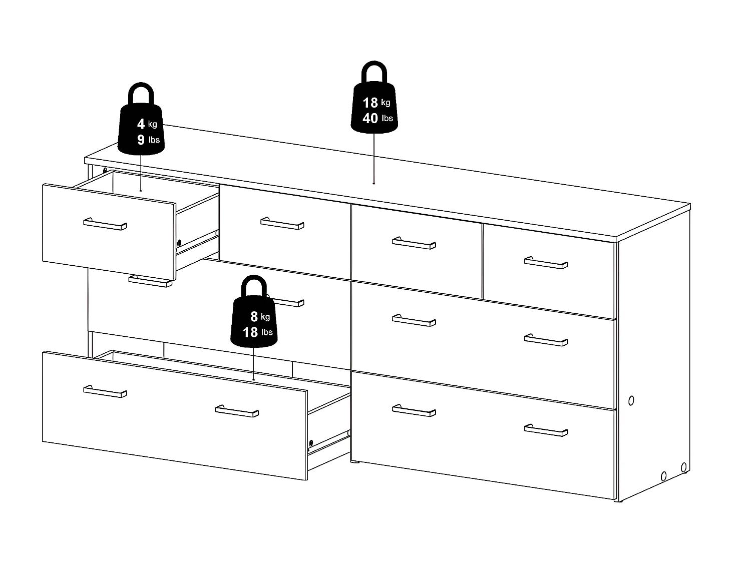Spell Ladekast breed 4 kleine en 4 grote laden eiken decor, wit.