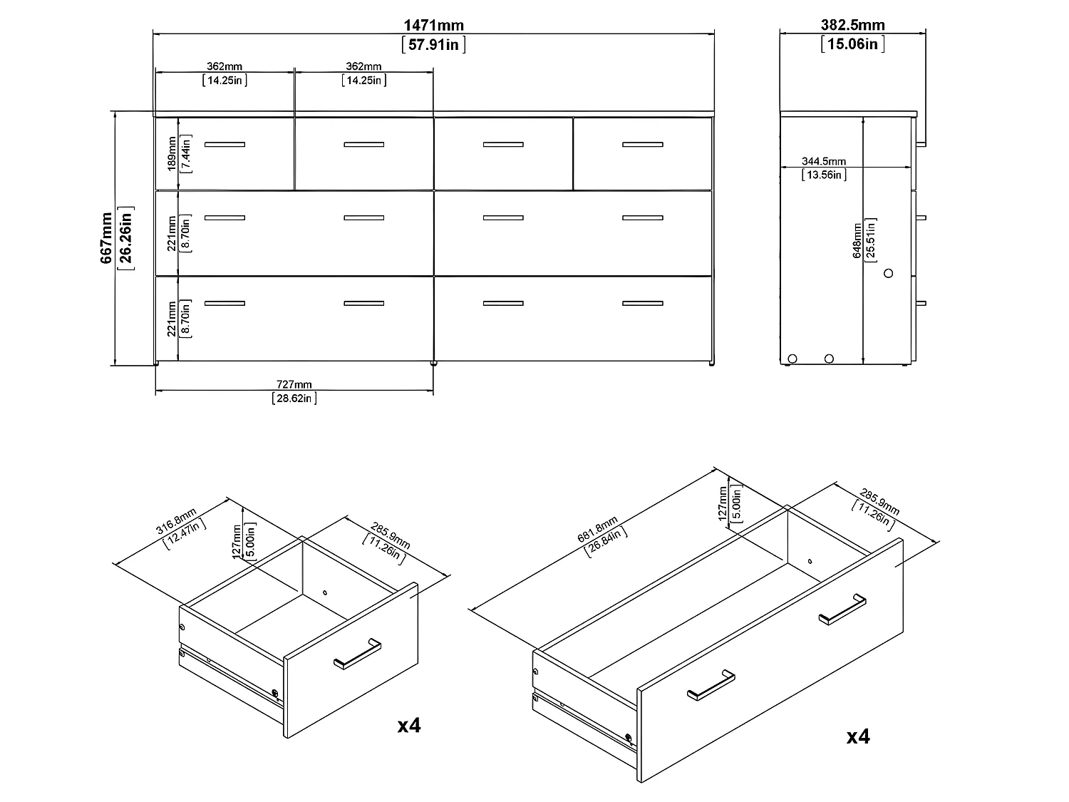 Spell Ladekast breed 4 kleine en 4 grote laden eiken decor, wit.