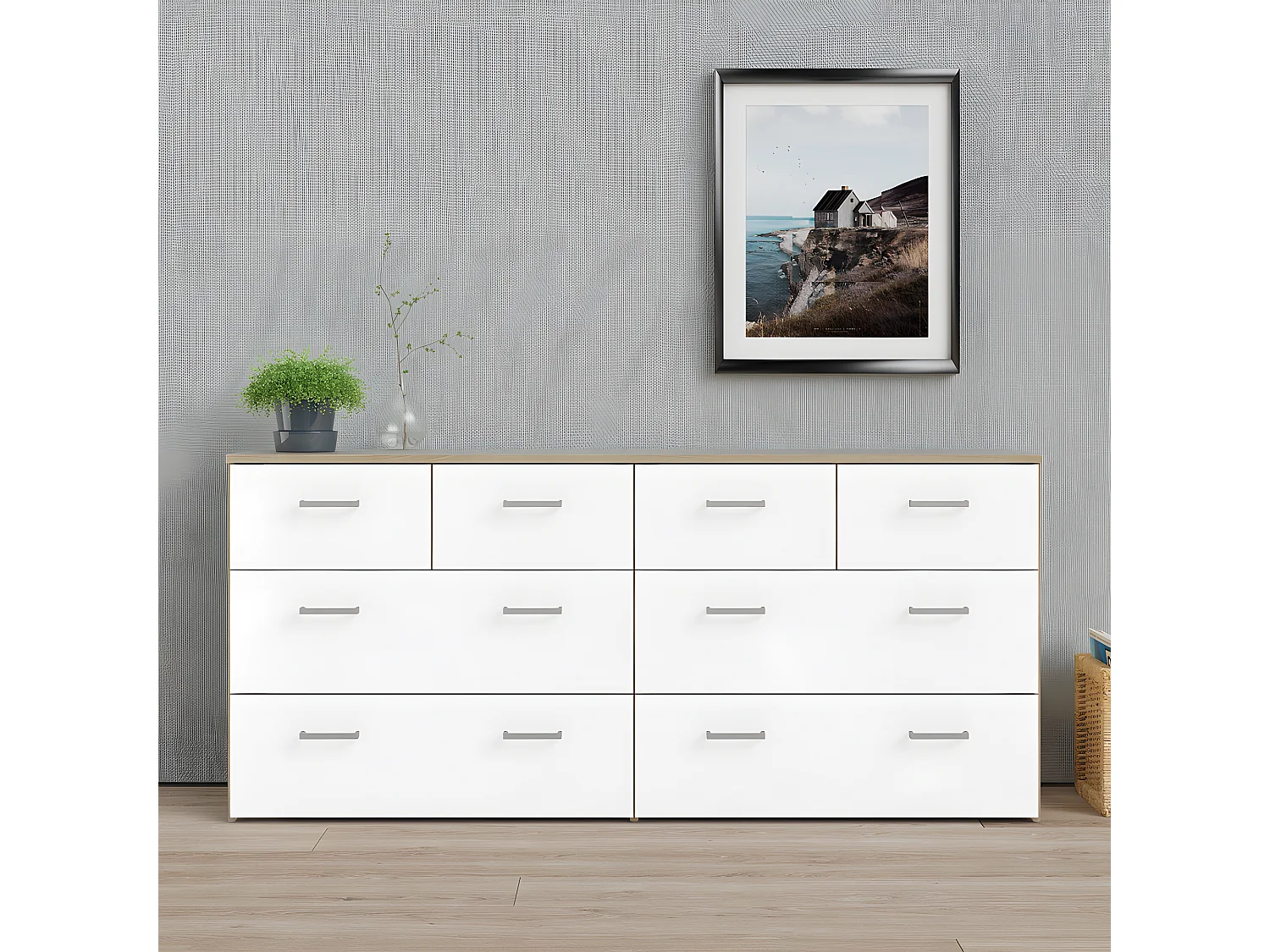 Spell Ladekast breed 4 kleine en 4 grote laden eiken decor, wit.