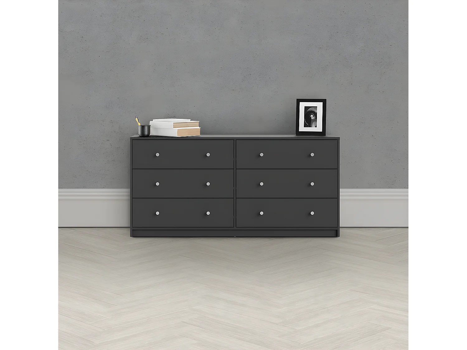 Maria Commode large avec 6 tiroirs, gris.