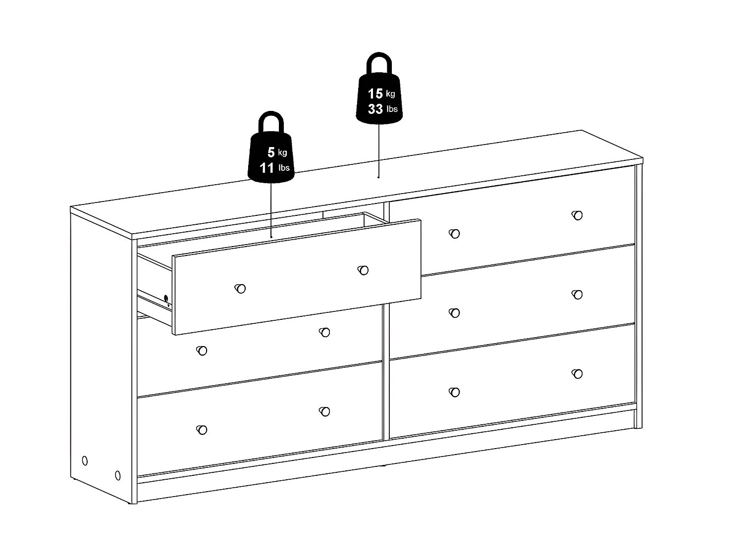 Maria Commode large avec 6 tiroirs, gris.