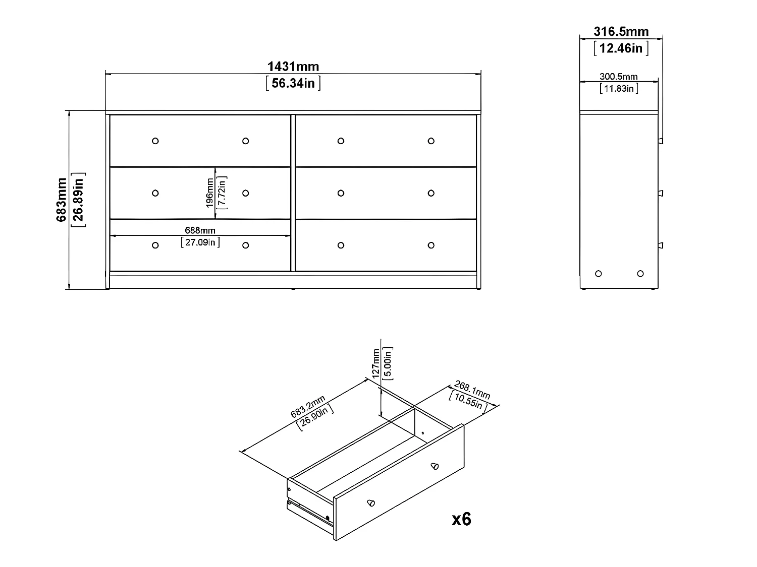 Maria Commode large avec 6 tiroirs, gris.