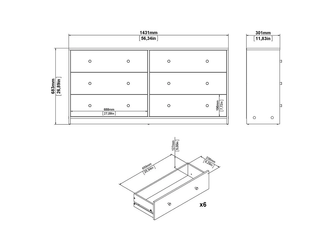 Commode 6 tiroirs L143cm - LISE