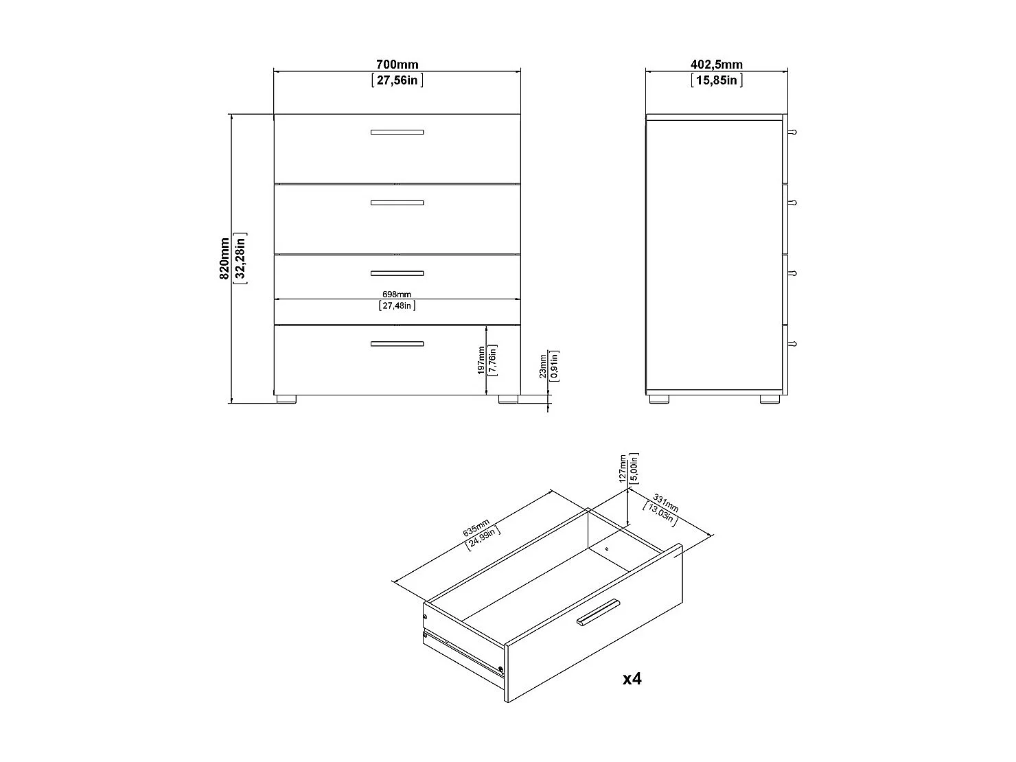 Petra Commode 4 tiroirs blancs.
