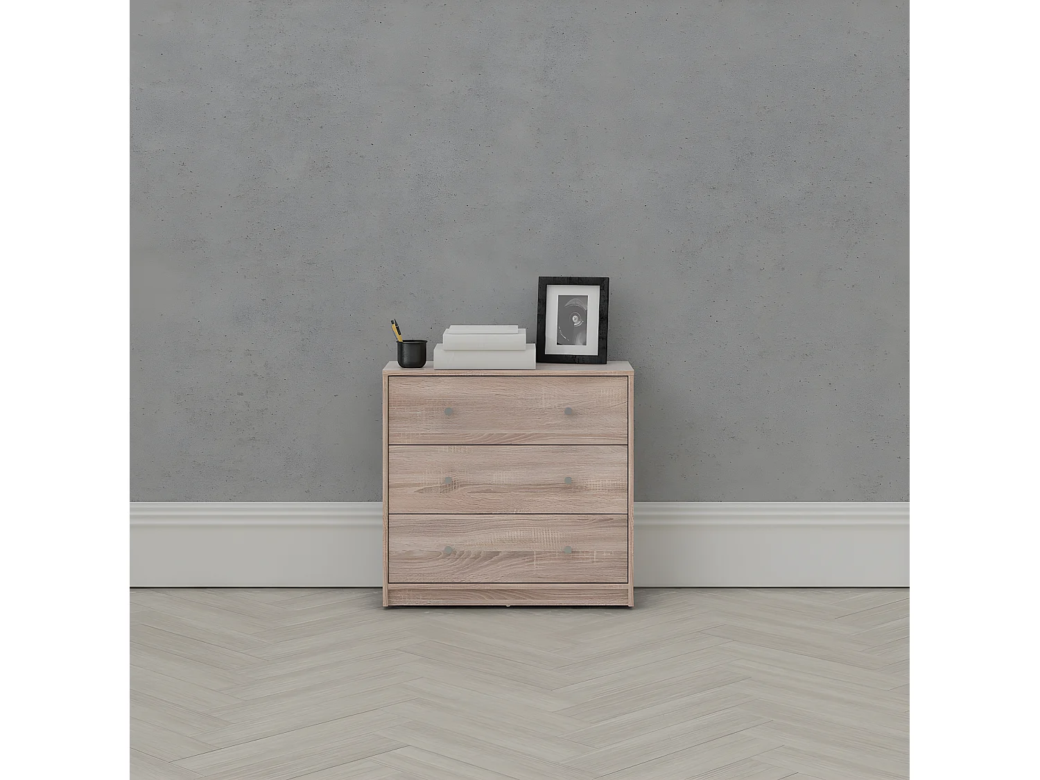 Maria Commode basse avec 3 tiroirs, coloris chêne truffe.