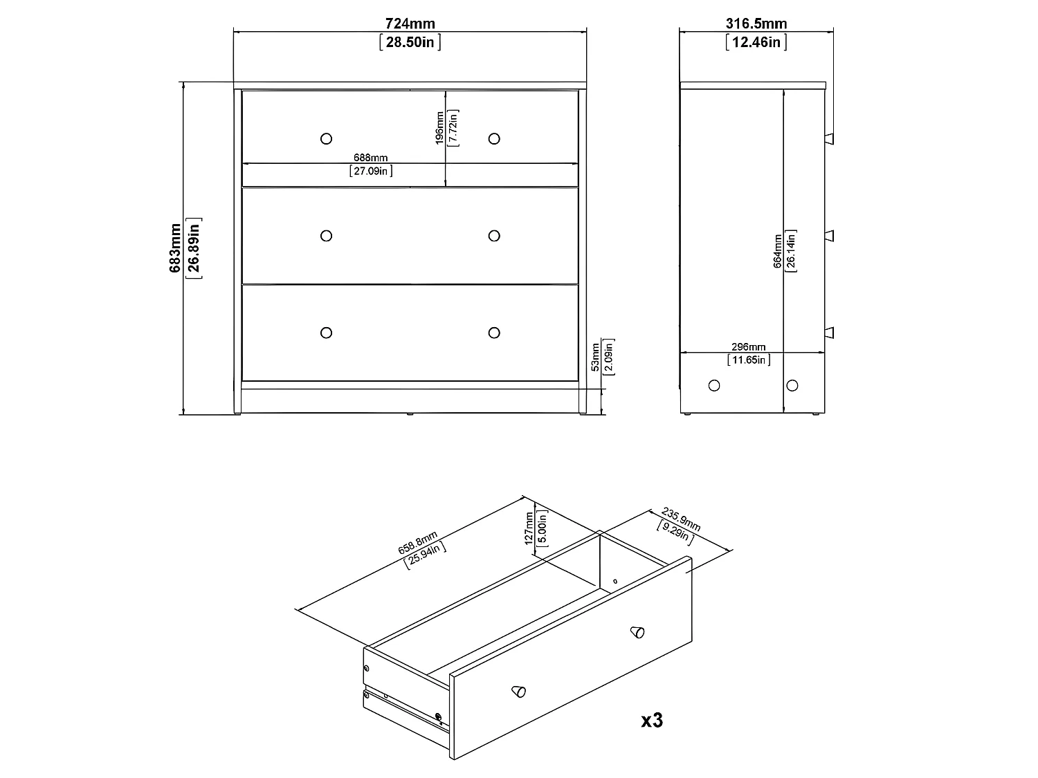 Maria Commode basse avec 3 tiroirs, coloris chêne truffe.