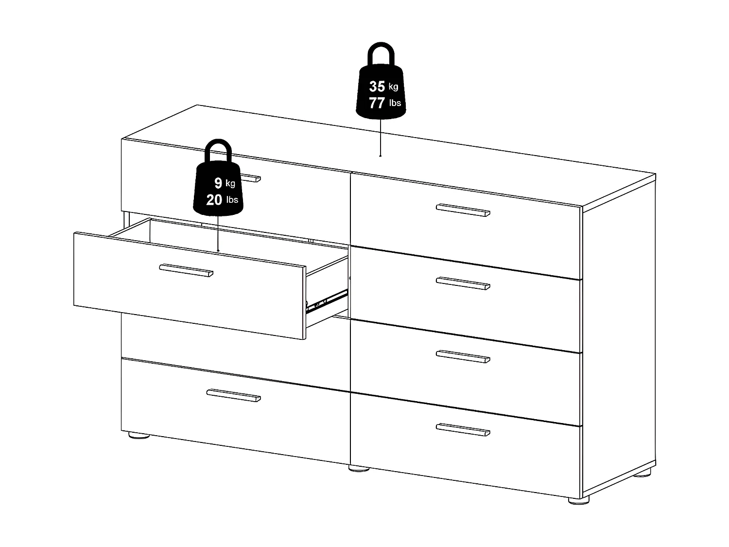 Petra Commode large avec 8 tiroirs, noir mat.