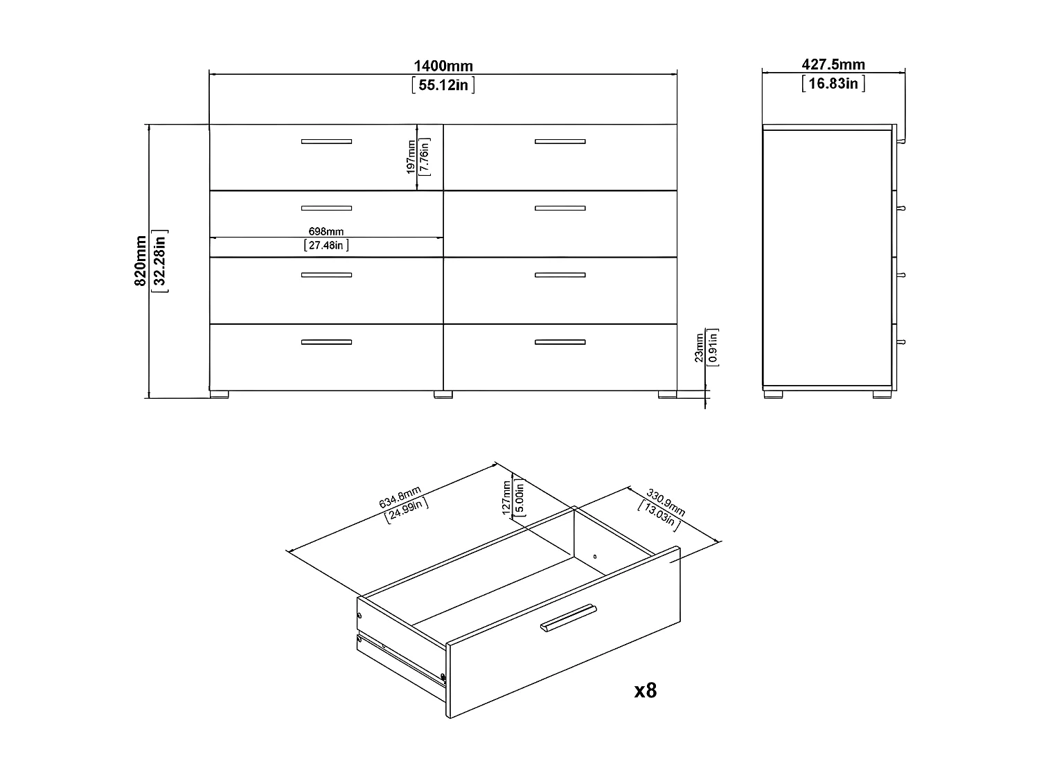 Petra Commode large avec 8 tiroirs, noir mat.