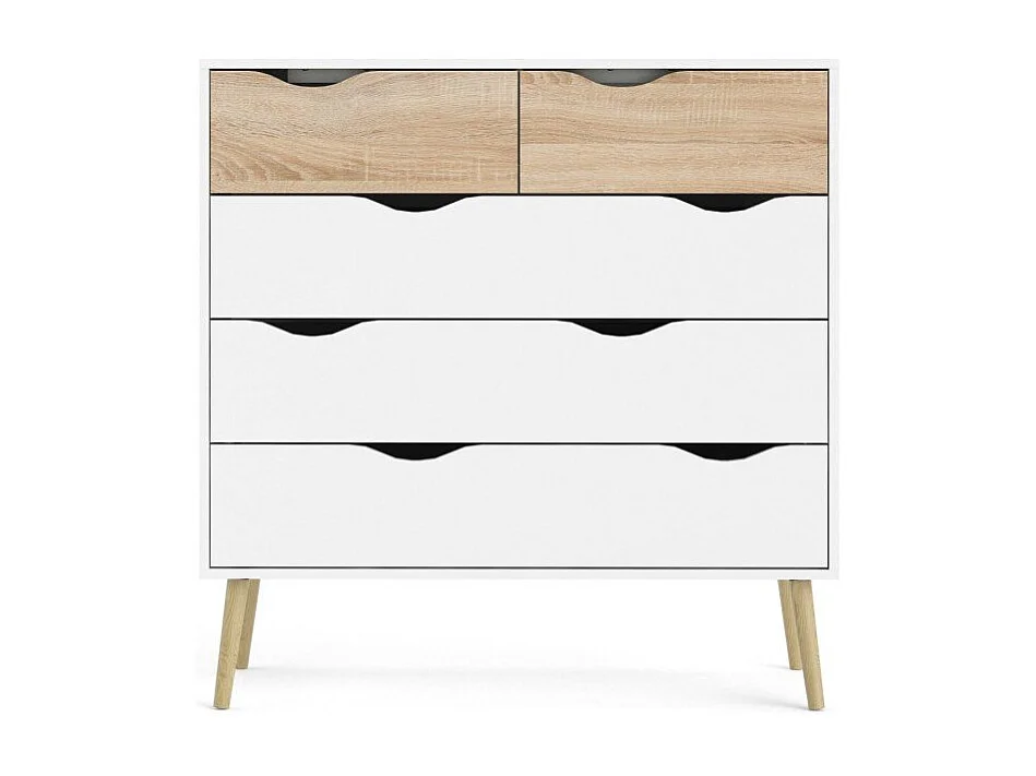 Commode 5 tiroirs blanc et décor chêne L98,7 cm - BILLUND