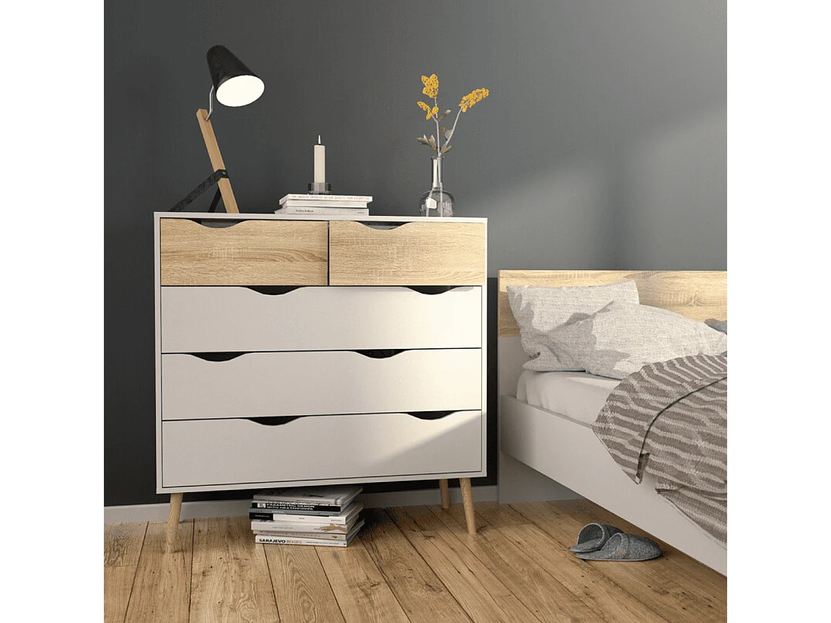 Commode 5 tiroirs blanc et décor chêne L98,7 cm - BILLUND