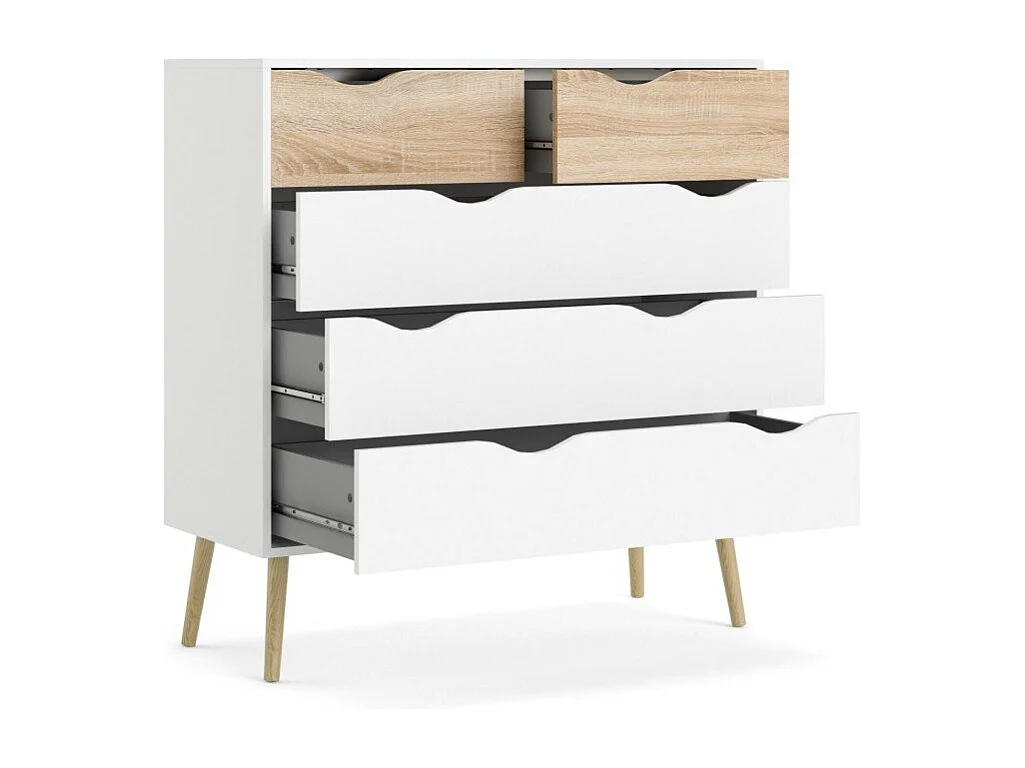 Commode 5 tiroirs blanc et décor chêne L98,7 cm - BILLUND