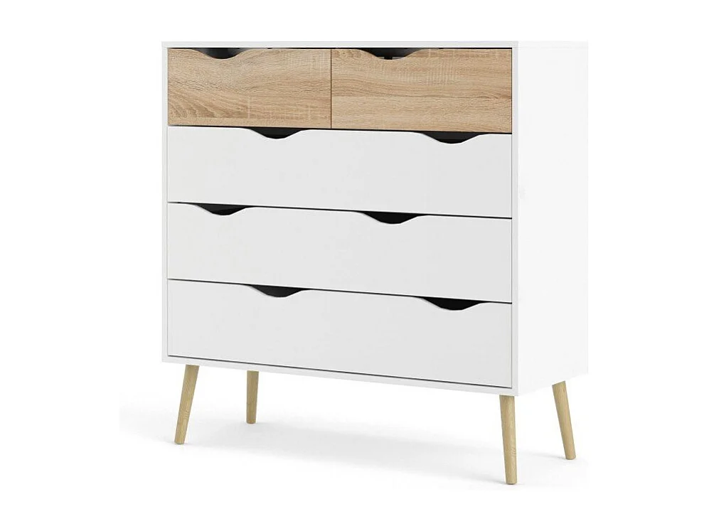 Commode 5 tiroirs blanc et décor chêne L98,7 cm - BILLUND