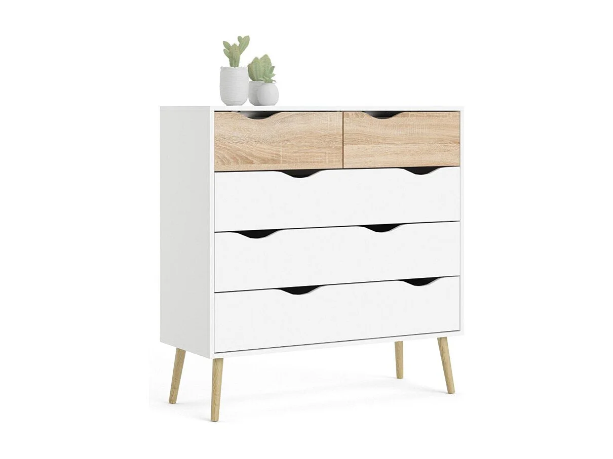 Commode 5 tiroirs blanc et décor chêne L98,7 cm - BILLUND