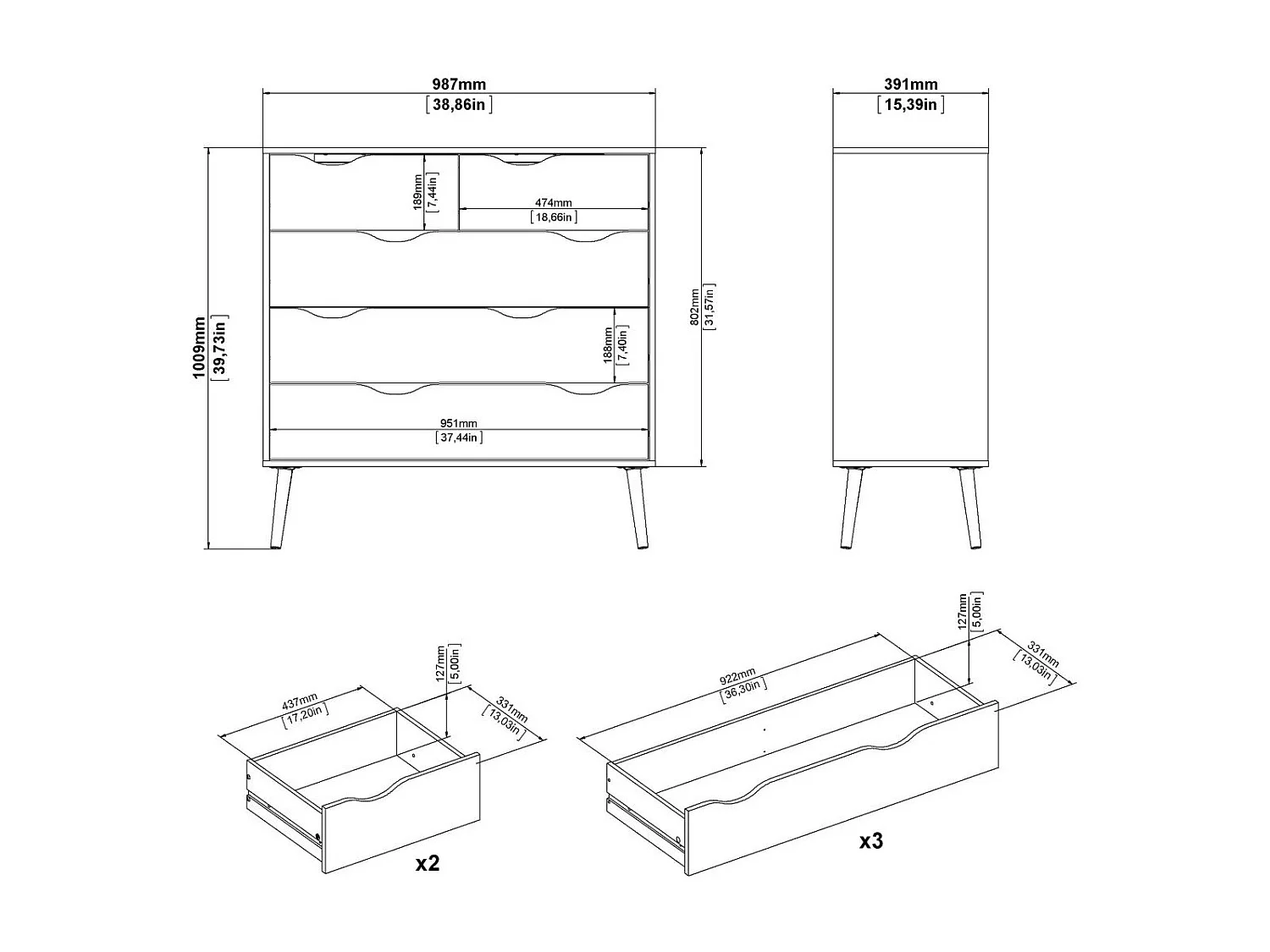 Commode 5 tiroirs blanc et décor chêne L98,7 cm - BILLUND