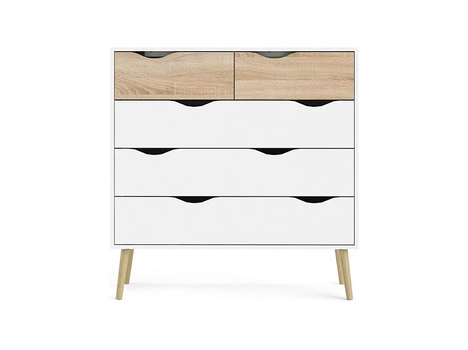 Commode 5 tiroirs blanc et décor chêne L98,7 cm - BILLUND