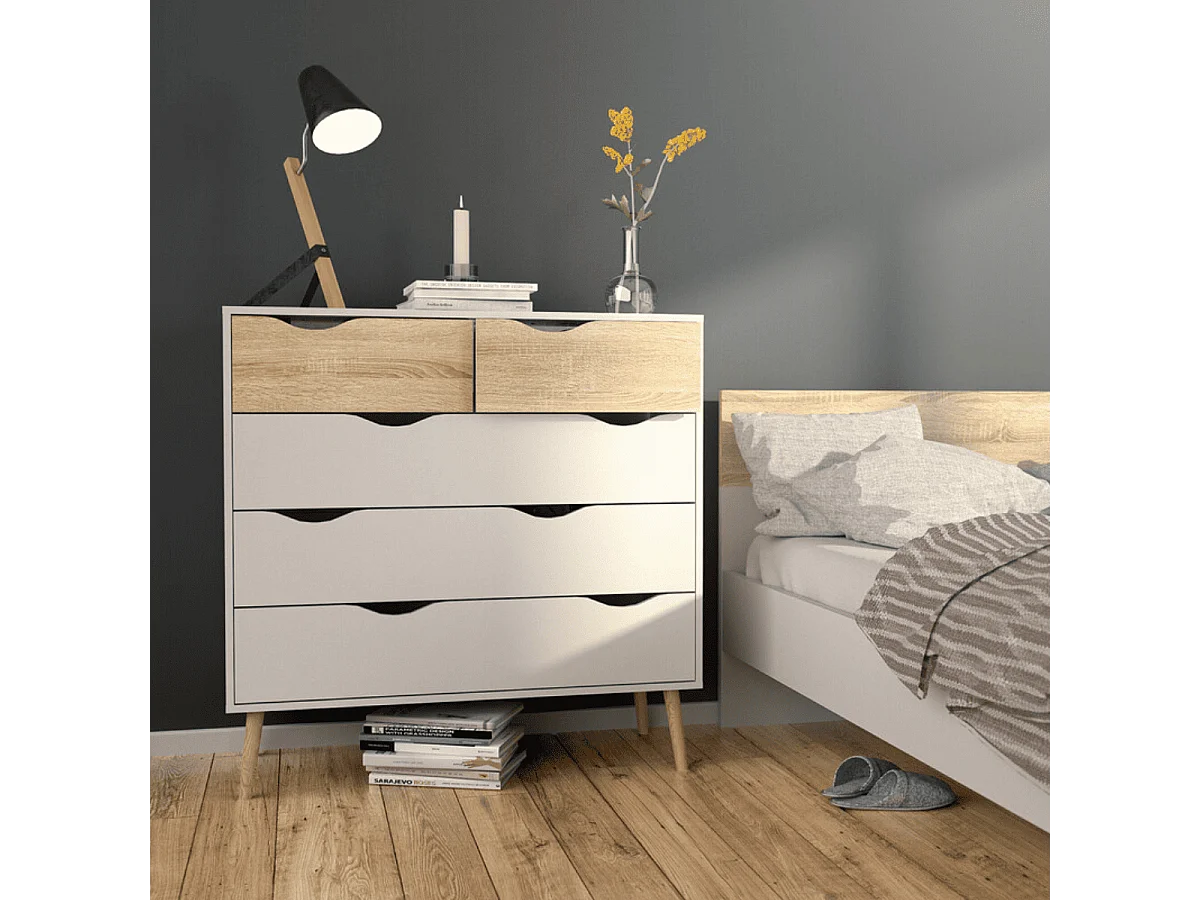Napoli kommode mit 5 Schubladen weiss und Eiche.