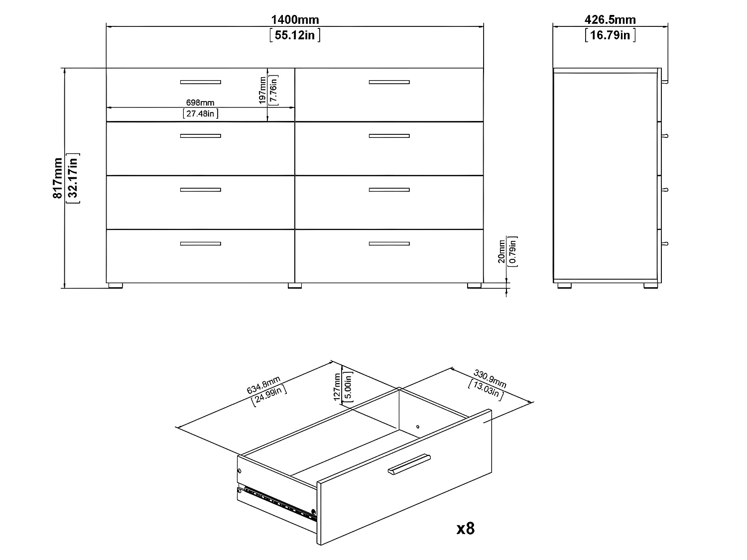 Petra Commode large avec 8 tiroirs, finition couleur truffe.