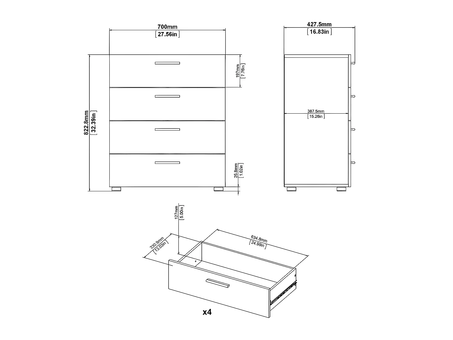 Petra Kommode mit 4 Schubladen, mattschwarz.