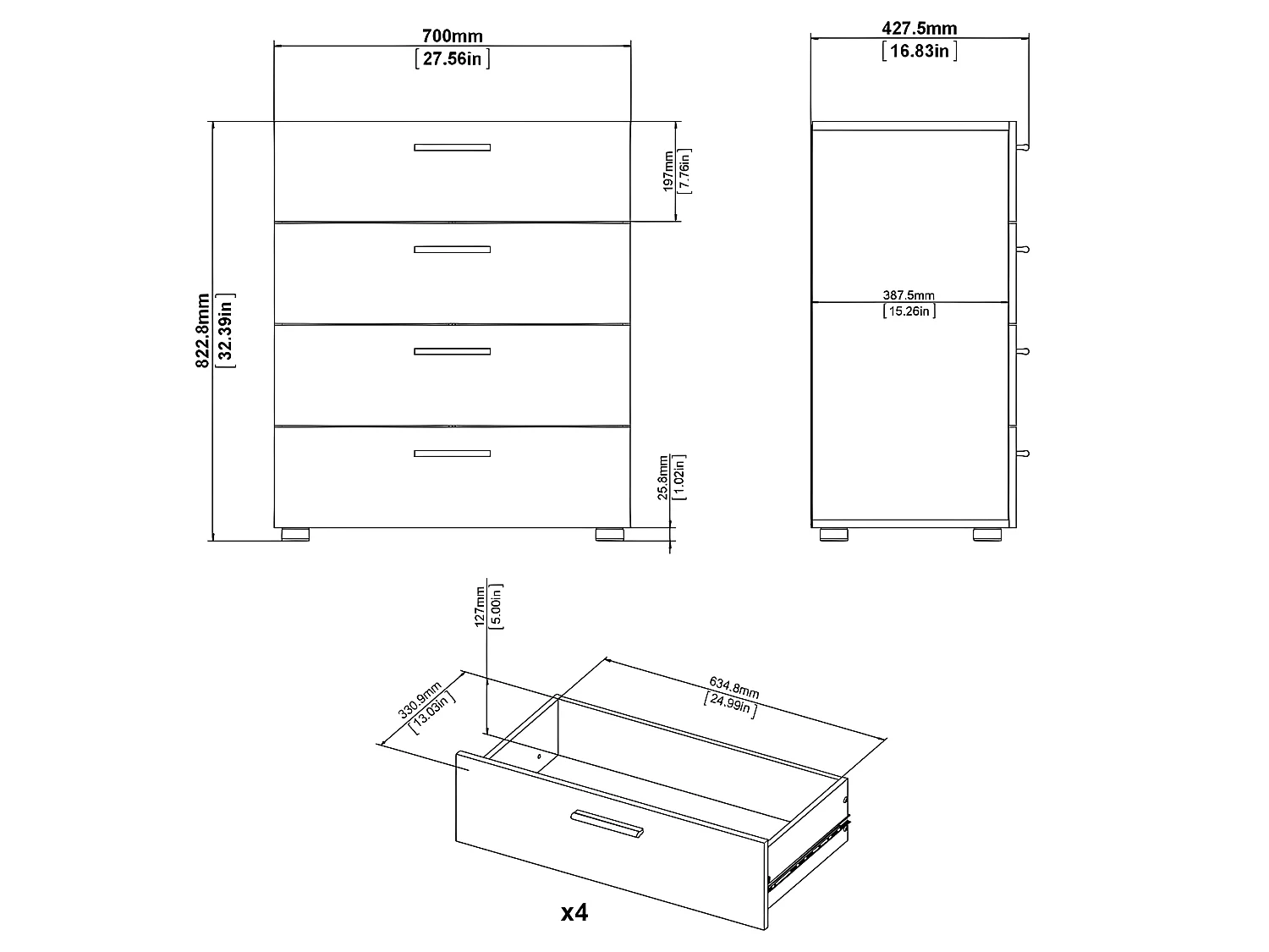 Petra kommode met 4 lades, matzwart.