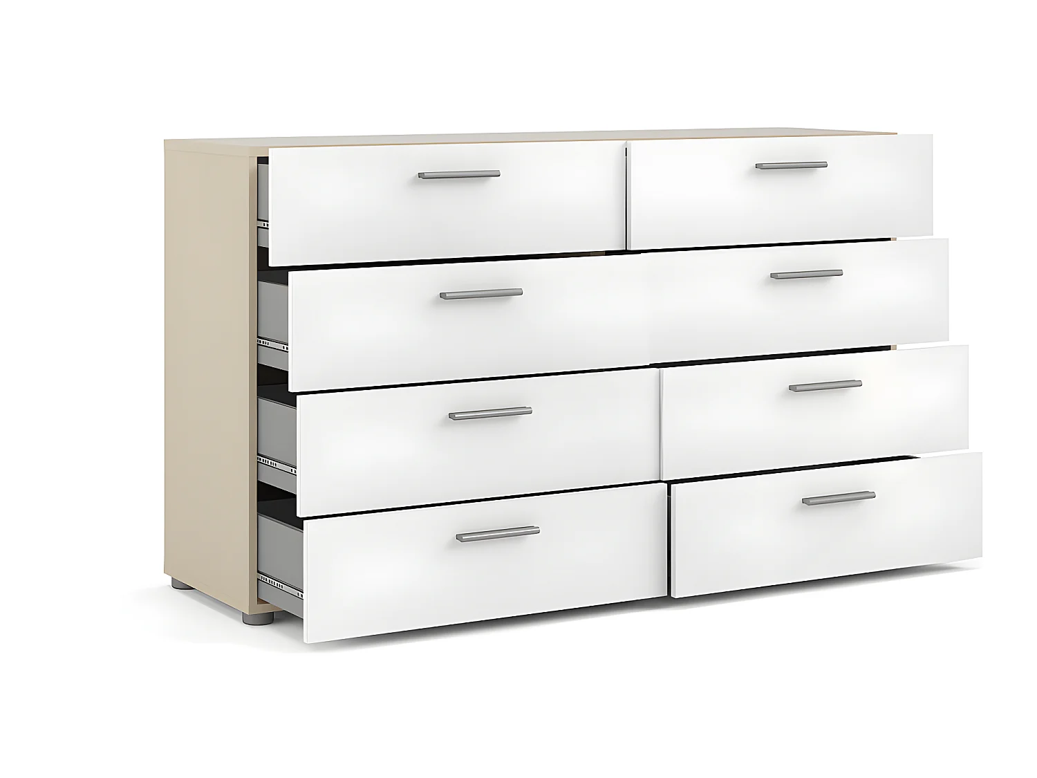 Petra kommode breed met 8 lades, eiken decor/wit hoogglans.