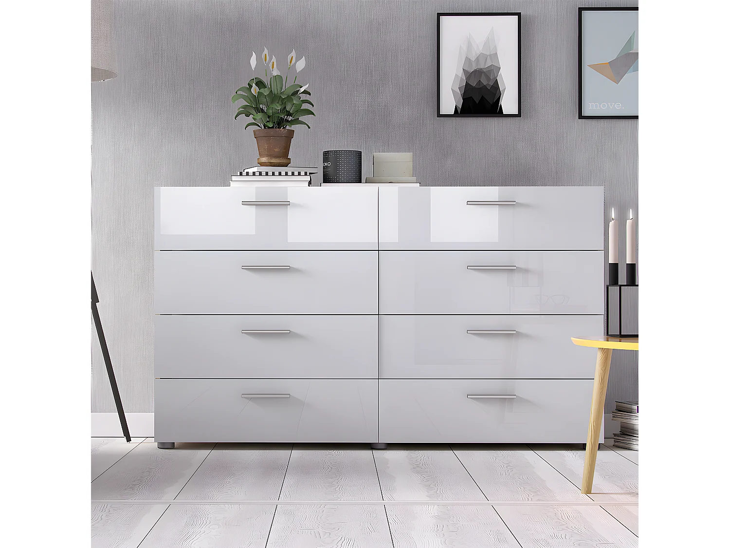 Petra kommode breed met 8 lades, eiken decor/wit hoogglans.