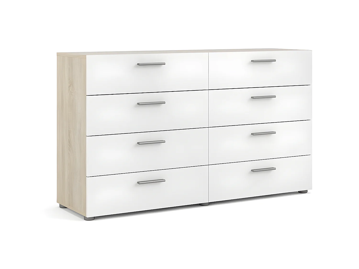 Petra kommode breed met 8 lades, eiken decor/wit hoogglans.