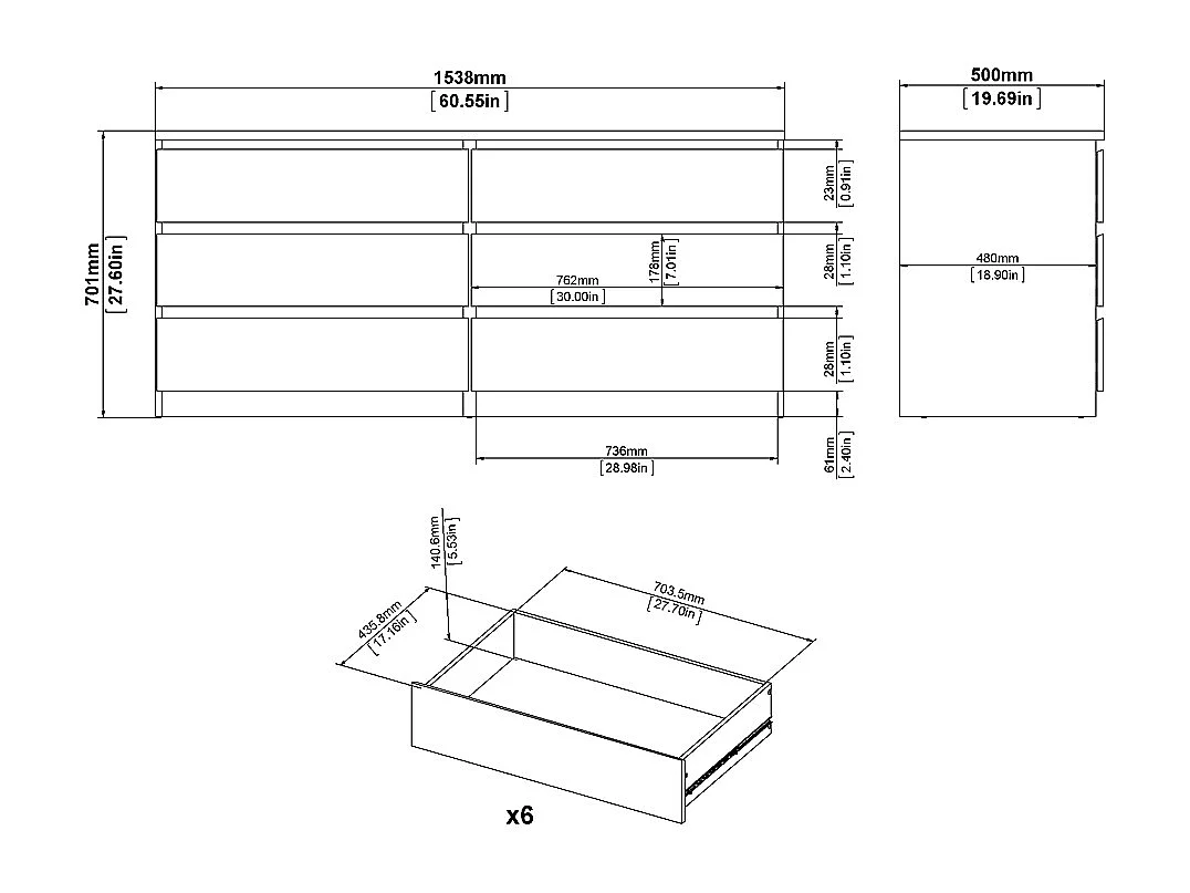 Nada Commode 6 tiroirs, noir frêne.