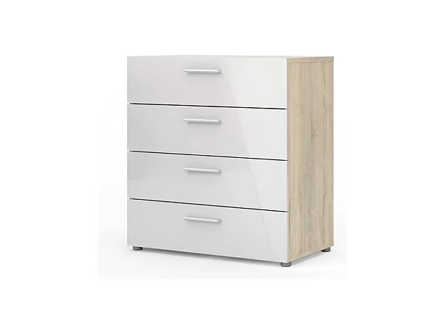 Petra Commode 4 tiroirs, finition chêne structuré et blanc brillant.