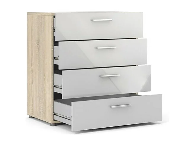 Cómoda Petra 4 cajones estructura decoración roble y blanco alto brillo.