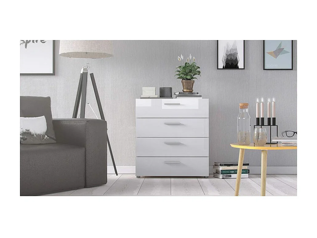 Cómoda Petra 4 cajones estructura decoración roble y blanco alto brillo.