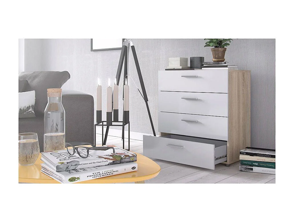 Cómoda Petra 4 cajones estructura decoración roble y blanco alto brillo.