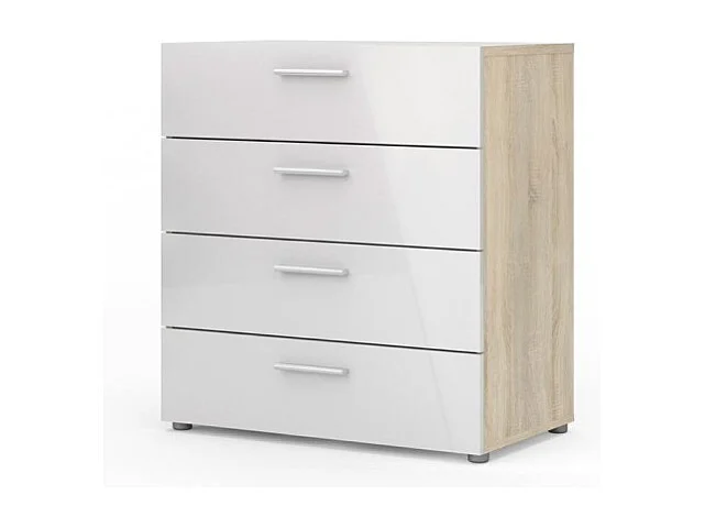 Petra Commode 4 tiroirs, finition chêne structuré et blanc brillant.