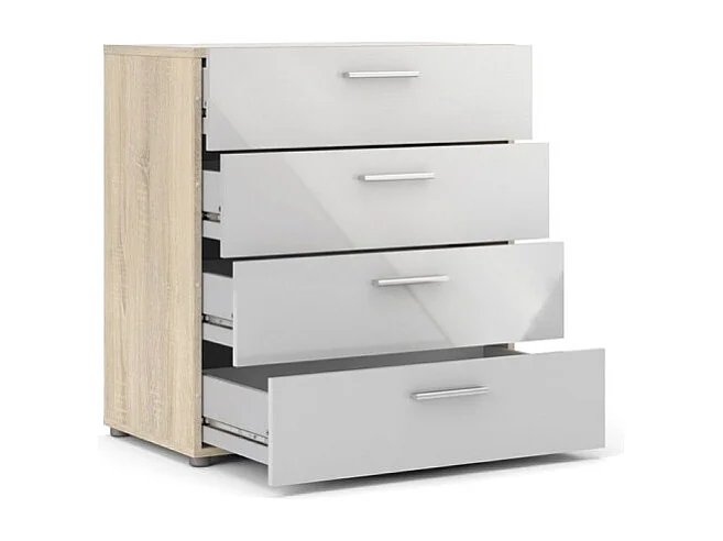 Petra Commode 4 tiroirs, finition chêne structuré et blanc brillant.