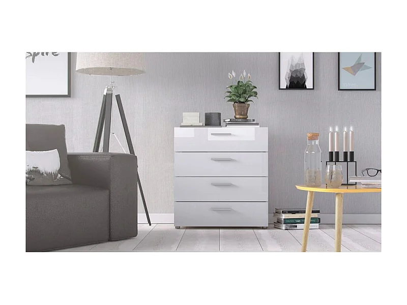 Petra Commode 4 tiroirs, finition chêne structuré et blanc brillant.