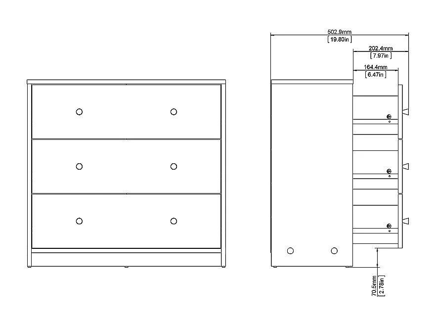 Maria Kommode niedrig mit 3 Schubladen, hell walnuss.