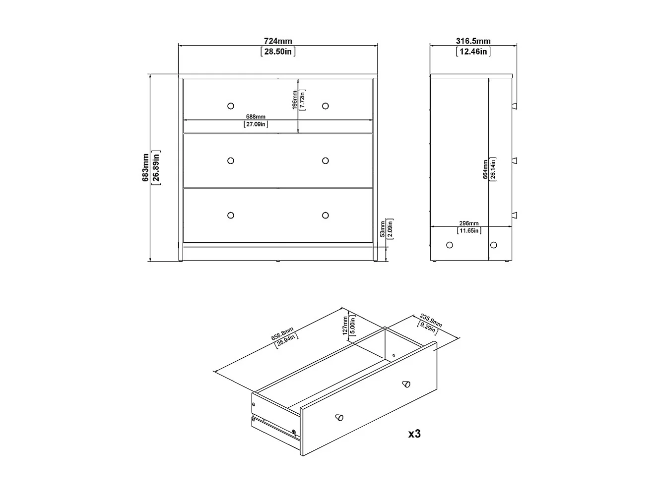 Maria Kommode niedrig mit 3 Schubladen, hell walnuss.