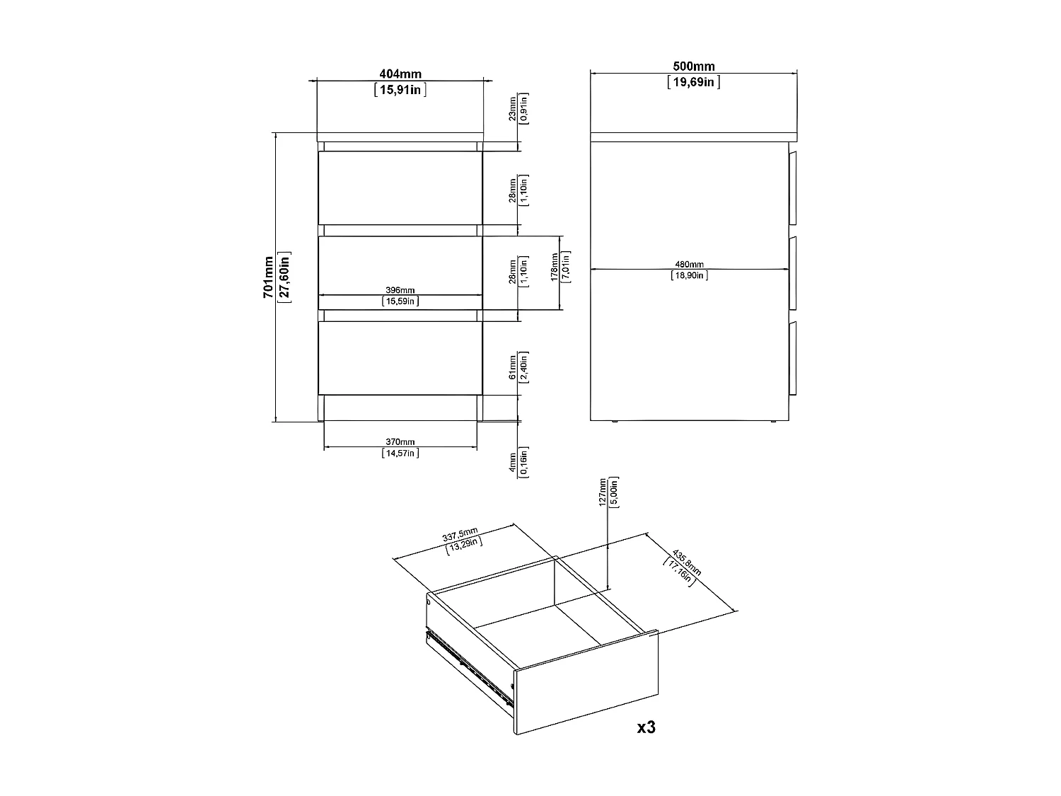 Nada Commode à 3 tiroirs, noir mat.