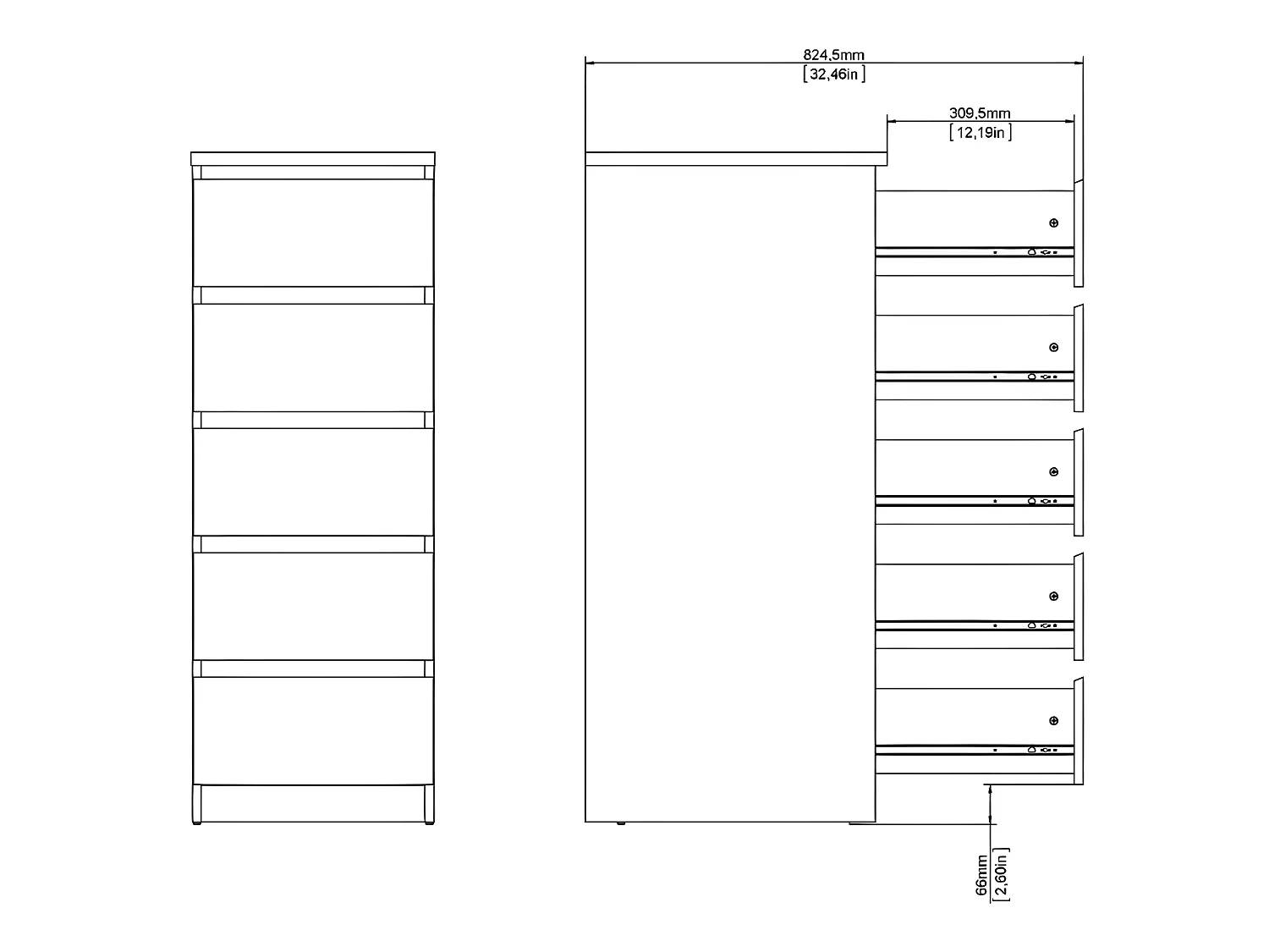 Nada Kommode hoch und schmal mit 5 Schubladen, beton dekor,weiss hochglanz.