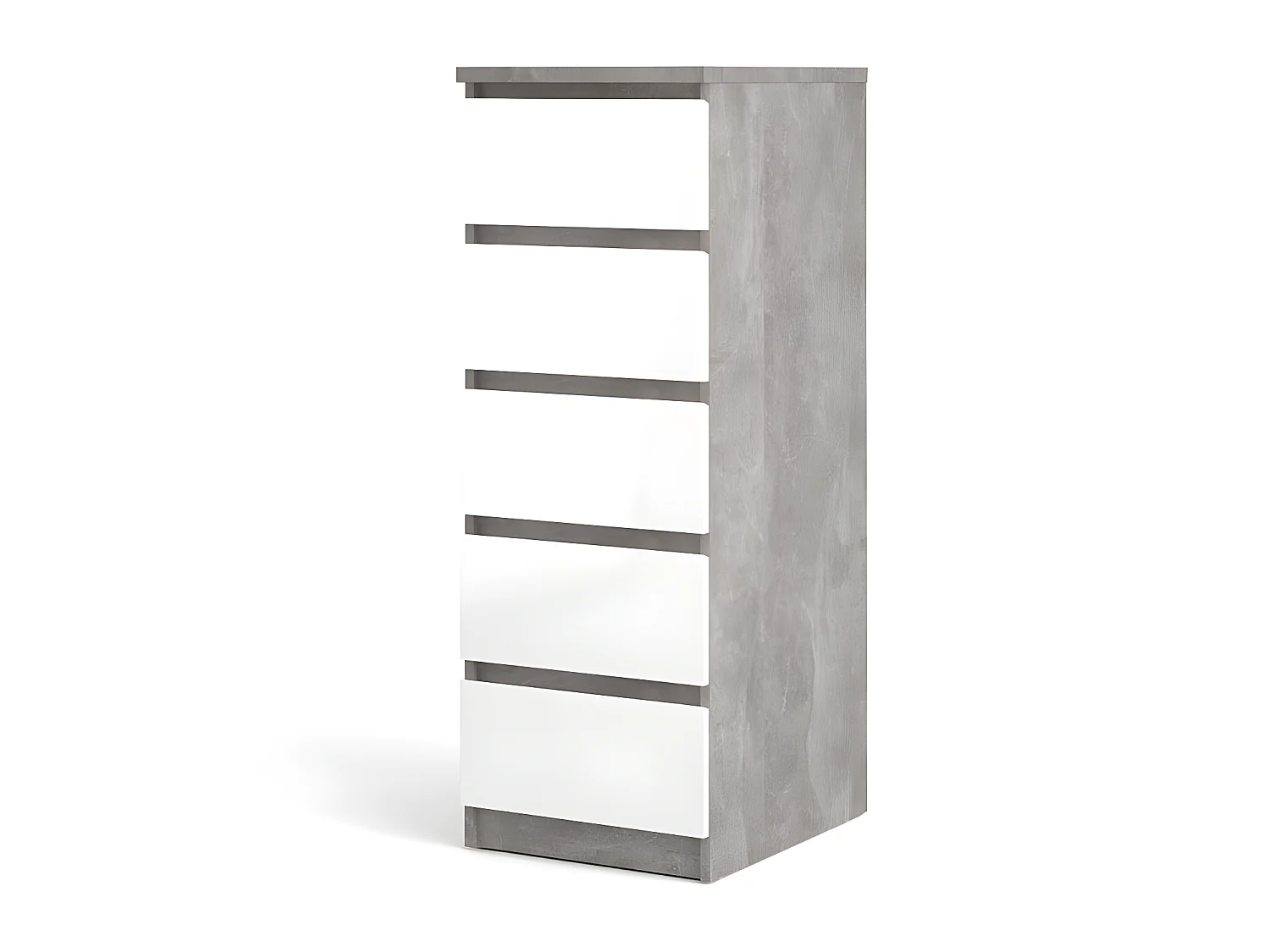 Nada kommode hoog en smal met 5 lades, betondecor/wit hoogglans.