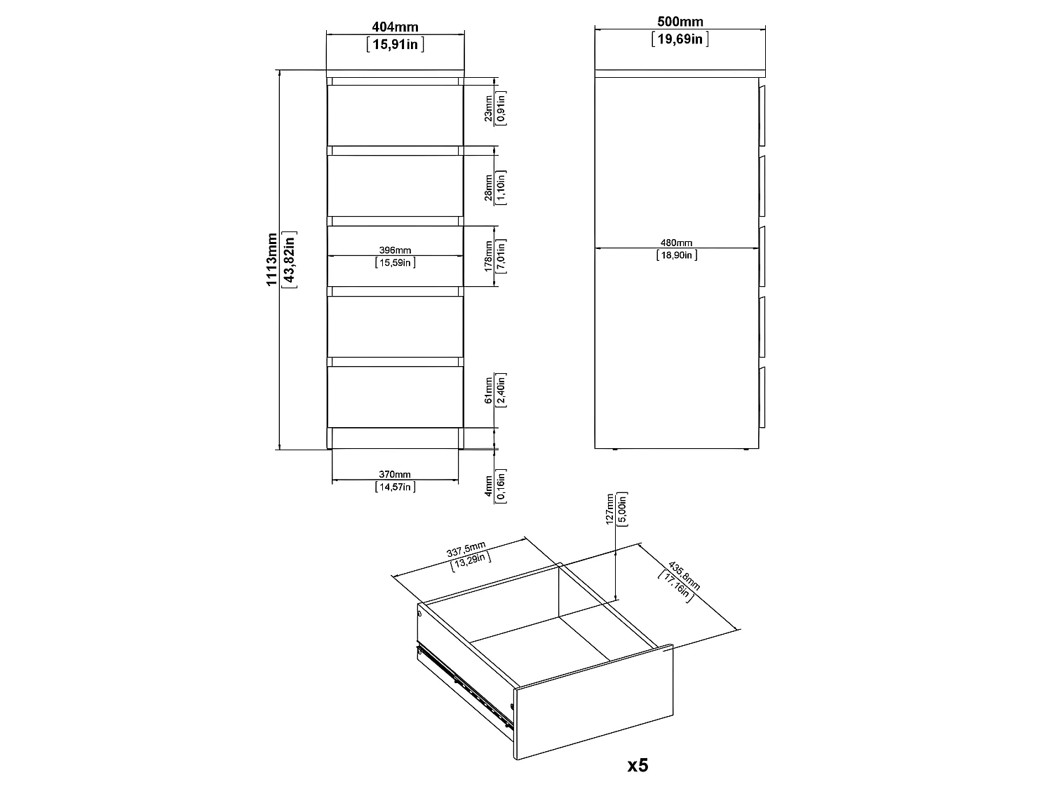 Nada kommode hoog en smal met 5 lades, betondecor/wit hoogglans.