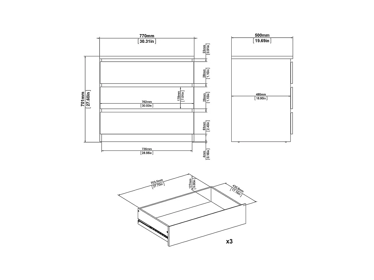 Nada Kommode 3 Schubladen mattschwarz.